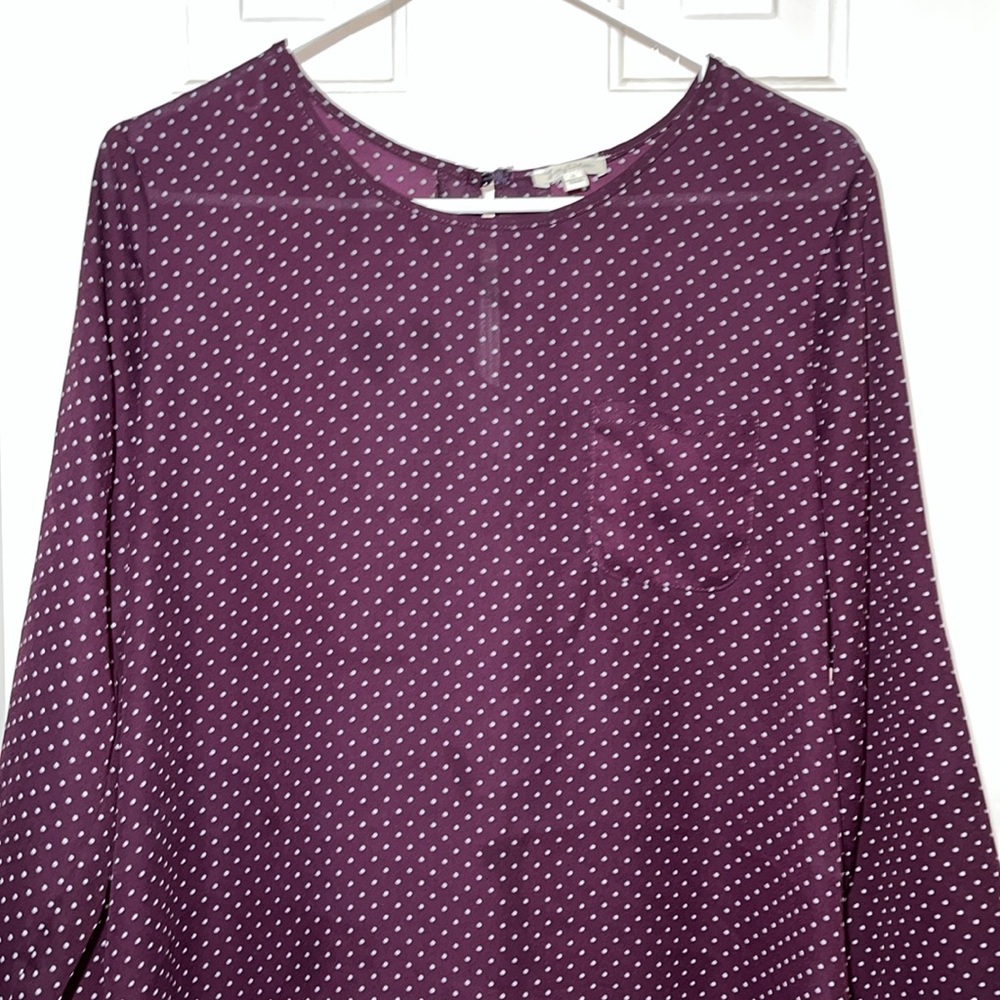 Lily White Women’s Maroon & Gray Polka Dot Blouse – Size Large - Picture 3 of 9